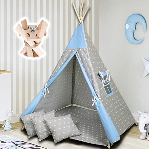 PaLulli Tipi Spielzelt für Kinder mit Matte & Anti-Kollaps-System & 3 Dekokissen Baumwolle- Segeltuch Kinderzelt (Stars Blue)