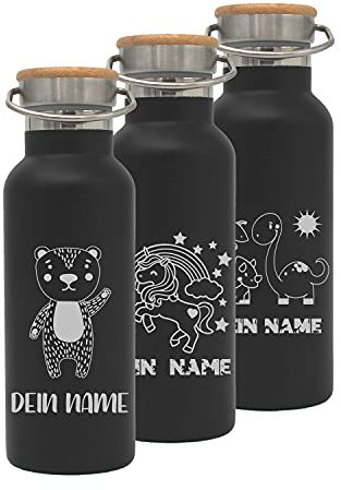 Generisch Trinkflasche personalisiert/schwarz/Lustige-Motive mit Namen/Edelstahl mit Bambusdeckel 500ml / Isolierte Thermosflasche/BPA-Frei/nachhaltig/auslaufsicher/langlebig