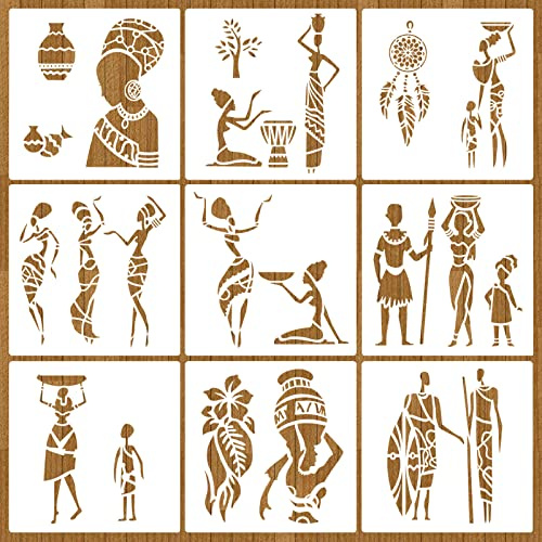 MWOOT 9 Pezzi Stencils Pittura per Tribale Africano, Stencil Mobili Stencil Muro Riutilizzabilei Stencil Bambini African Tribal Paint Stencils Utilizzato Nella Decorazione Di Stoffa Muro(20x20Cm)