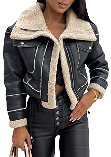 SANSIWU Women's Puffy Long Sleeve Faux Leather Jacket Cropped Parka Cardigan Fur Collar Insulated CardiganY2K Winter Jacket (B-Black, S)