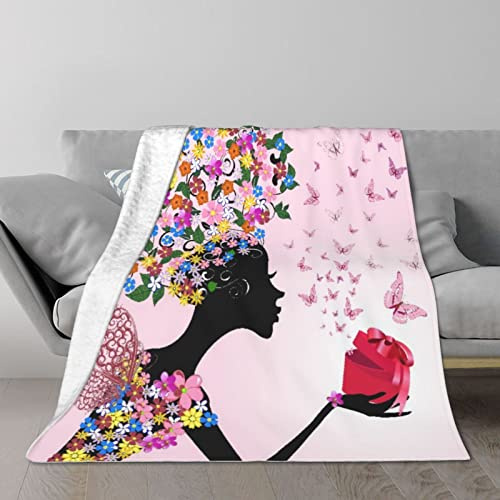 YINGD Blanket,Pink Butterfly Girl Teacup Floral Dress Fairy Angel Wings Fantasy Folk Print,Throw Blanket Lightweight Soft Warm200CM X 150CM