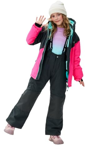 SMONTY Tuta da Neve per ragazza Giacca da Sci Invernale e Pantaloni Cinghie con Cappuccio Set Antivento Impermeabile Caldo(Grigio Rosa, 10-12)