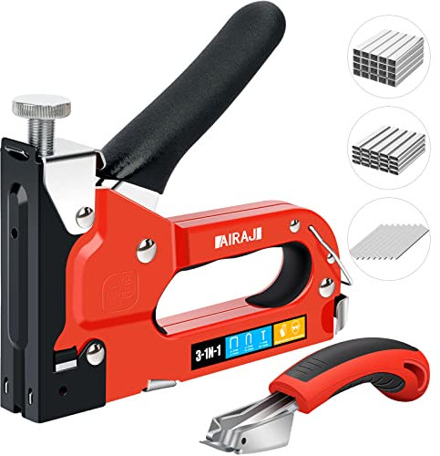 AIRAJ 3 in 1 Handtacker Set mit 2500 Klammern (T/U/D Typ),Stabiler Holzlocher mit Klammerentferner und TÜV GS Geprüft,Einstellbare Schussleistung,zum Befestigen von Holz,Zierleisten, Draht etc