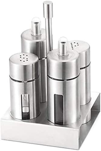 Stainless Steel Cruet Set for Salt Oil Vinegar Pepper Bottle Set for The Kitchen 4 Seasoning Containers and 1 Stand,Bonny369