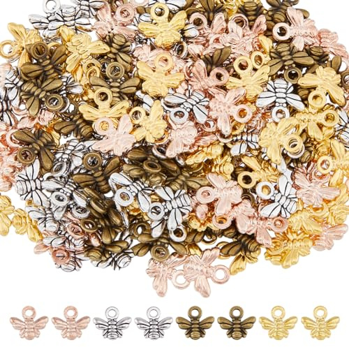 DICOSMETIC 200 Stück 4 Farben Bienen Charme Vintage Bienen Charms 3D Honigbienen Anhänger Legierung Insekten Charme Für DIY Halskette Armband Schmuckherstellung, Bohrung: 2mm