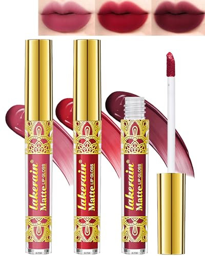 3 Pcs Liquid Lippenstift Set, Rosa Rot Plum Hochpigmentiert Samt Matt Lipgloss, Wasserfester Lippenstift 24 Stunden Halt, Kussechter Non-Stick Cup Lipstick Make up Set für Frauen zum Valentinstag-02#
