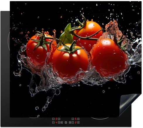 KitchenYeah© Herdabdeckplatte Einteilig Abdeckplatten Cerankochfeld | 60x52 cm - Abdeckung Ceranfeld Herdplattenabdeckung Induktionsmatte Tomaten - Schwarz - Wasser - Rot - Gemüse