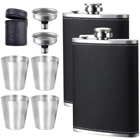 DALAETUS 2 Piezas 8Oz Petaca de Acero Inoxidable Set con 2 Embudo y 4 Tazas Cerveza y 1 Funda Cuero Cierre, Petaca Portátil, Petacas de Whisky para Hombres Bar Fiesta Camping Barbacoa