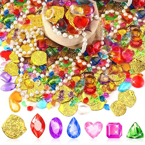 MARFOREVER Giocattoli da piscina con gemme del tesoro dei pirati e monete d'oro, 246 monete finte, gemme in plastica, gioielli, set da gioco per estate, sabbia, spiaggia, bagno, giocattoli, Halloween