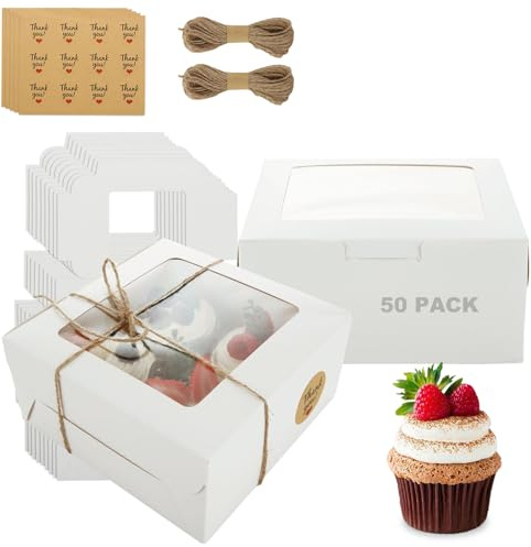 SHUESS Confezione da 50 scatole per cupcake a 4 fori, colore bianco, scatole per cupcake a 4 fori, 16 x 16 x 7,5 cm, scatola per dessert con finestra trasparente e inserti rimovibili, ideali per torte