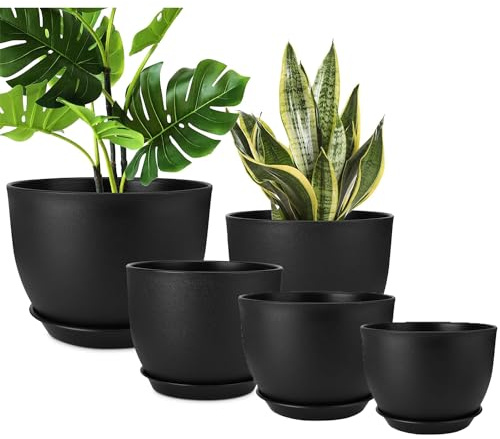 Zinaroty Lot de 5 pots de fleurs en plastique, 19/16,5/14/12,7/11,5 cm, pots de fleurs modernes avec trous de drainage et soucoupe pour plantes d'intérieur et d'extérieur (Noir)