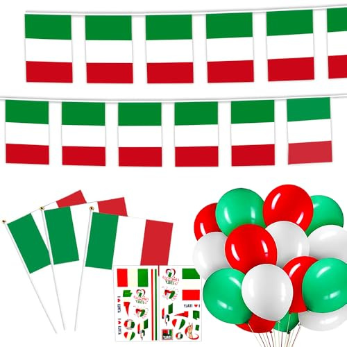 Drapeau Italien - 10M Bannieres Italie + 10 Petit Drapeaux Italiens à Main + 30 Ballons de Italiens + 2 Autocollants Italiens pour Décoration de Fête Sur le Thème du Patriotisme Anniversaire Adulte