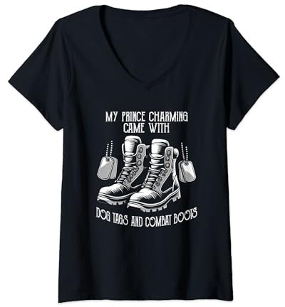 Damen Mein Märchenprinz kam mit Hundemarken und Kampfstiefeln T-Shirt mit V-Ausschnitt