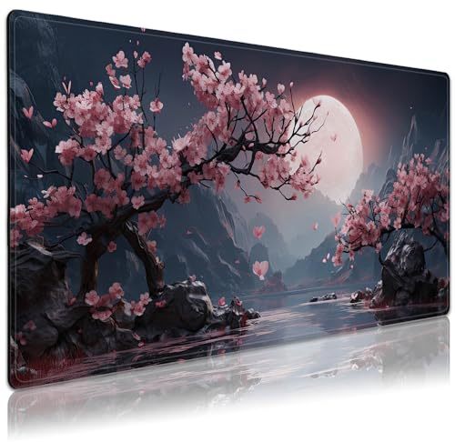 Grand tapis de souris géant avec cerisiers Sakura et pétales flottants, base en caoutchouc antidérapant, bords cousus pour le travail, les jeux, le bureau, la maison, 90 x 40 cm