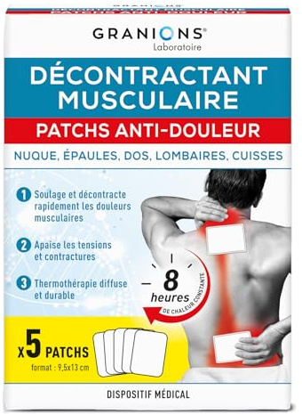 GRANIONS DECONTRACTANT MUSCULAIRE PATCHS ANTI-DOULEUR effet chauffant - Nuque, épaules, dos, lombaires, cuisses - 8 heures de chaleur diffuse et constante - action rapide - 5 patchs Dispositif médical