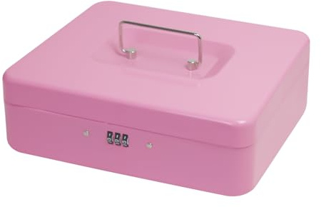 Geldkassette aus Stahl mit Zahlenschloss, kleiner Geldorganizer aus Metall mit abnehmbarem Geldfach, Bargeldaufbewahrungsbox mit abschließbarer Abdeckung (rosa – 25 x 20 x 8,5 cm)