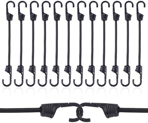 VirtuGro 12PCS 10 Inch Small Bungee Cords with Hooks 25cm Elastic Bungee Straps Black Heavy Duty Bungee Cords Elastic Rope Shock Cord for Tarpaulin, Luggage, Tents, Trailers, Bikes, Garden Furniture