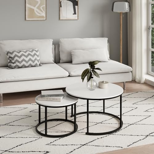 Home Collective Couchtisch 2er Set rund aus Holz, Wohnzimmertisch Modern, Beistelltisch Set 2 in 1 mit Metallgestell für Wohnzimmer Büro Beistelltisch Loft Design Twin | Weiß