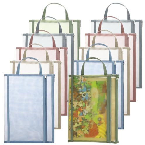 saerryor 10 Pack Colored Mesh Zipper Pouch Bags, A4 Double-Layer Board Puzzle Building Blocks Toy Storage Bag with Handle for School Office Home Game