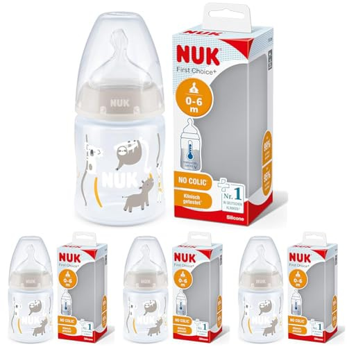 NUK First Choice+ Babyflasche | 0–6 Monate | Temperature Control Anzeige | 150 ml | Anti-Colic-Ventil | BPA-frei | Trinksauger aus Silikon | Safari (neutral) (Packung mit 4)