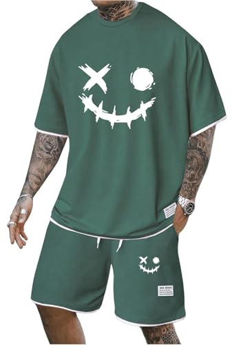 Mfhmom 2 Teiler Herren Trainingsanzug Sommer Outfit Horrible Sportanzug T shirt und Kurze Hose Casual Y2K Zweiteiliges Set Hip Hop Streetwear Sommeranzug Alltag Jogginganzug Set Baggy Freizeitanzug
