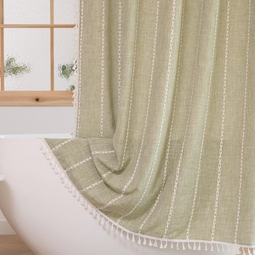 Plenmor Heavy Weight Fabric Cotton Shower Curtain with Hooks Waterproof Stripe Bathtub Boho Curtain for Bathroom Sage Green W 70.9 x L 70.9 (1 Panel)