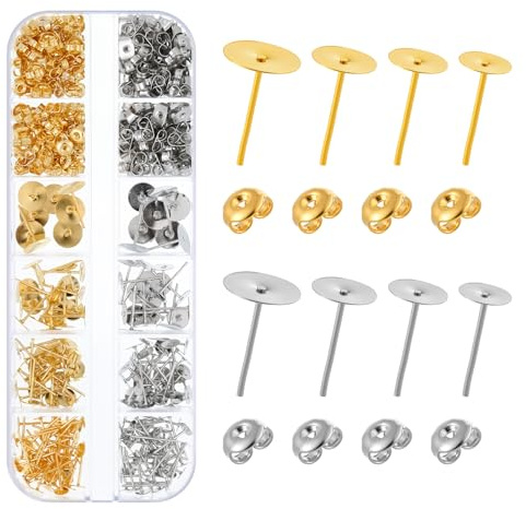 Set di 400 perni per orecchini in metallo, con cuscinetto piatto, per la creazione di orecchini a perno e orecchini, kit per la creazione di gioielli fai da te (4/5/6/8 mm) (oro, argento)