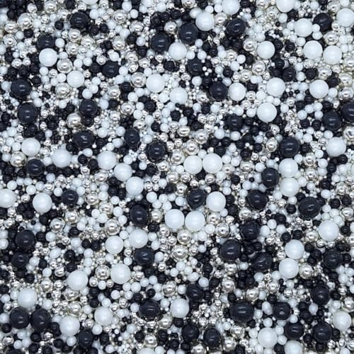Sprinkles By Post. Pearls mix cupcake sprinkles (50g). Birthday party cake decorations for baking. Edible ball toppers for decorating wedding and anniversary bakes. (Black, White & Metallic Silver)