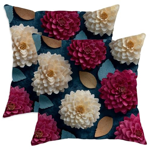 Lot de 2 housses de coussin carrées décoratives à motif floral de dahlia bleu marine pour décoration d'intérieur, sofa, lit, canapé, 55,9 x 55,9 cm