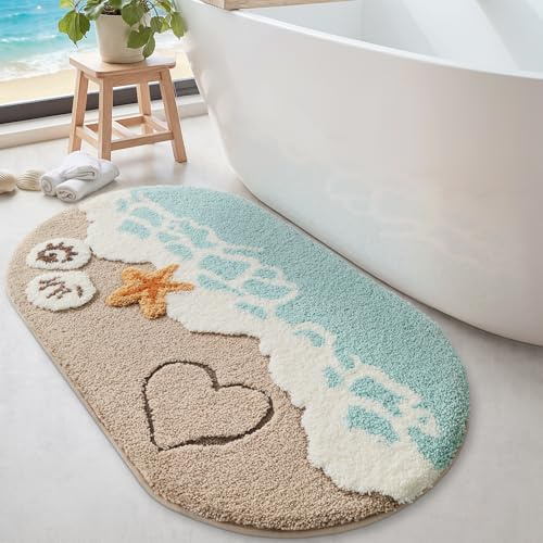 DEXI Oval Bath Mat 61 x 110 cm, Non-Slip Absorbent Bathmat with Cute Pattern, Washable Rugs for Shower Floor, Bedroom, Bathroom Accessories Decor, Starfish Beach