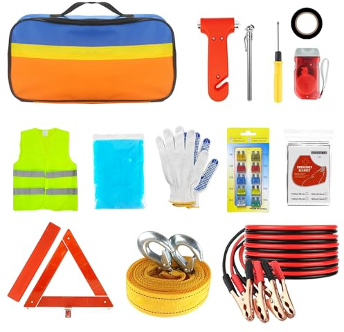 Seruno X Kit di Emergenza Auto 14 Pezzi, Kit di Emergenza per Sopravvivenza con Triangolo di Avviso,Corda di Traino,Martello D'Emergenza/Poncho da Pioggia ECC.– Essenziali per La Sicurezza Stradale