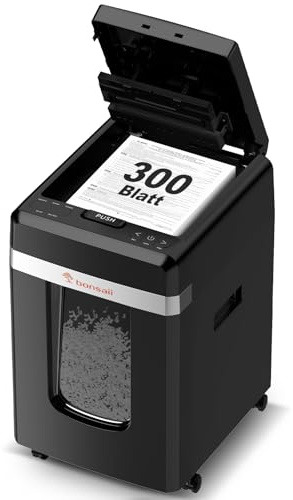 Bonsaii C291-A Distruggidocumenti P-4 Micro-Cut, con alimentatore automatico di documenti da 300 fogli, funzionamento continuo, 60 minuti, contenitore per rifiuti da 31 litri