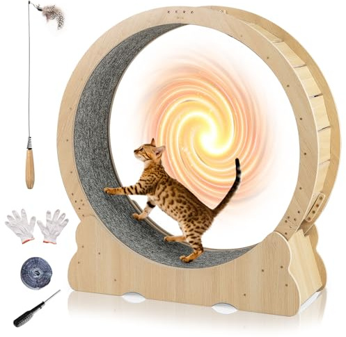 SOARS Ruota per Esercizi per Gatti 106 cm in Legno, Tapis Roulant per Gatti con Tappeto Staccabile e Bacchetta per Gatti，Ruota Corsa Allenamento Interno Silenziosa