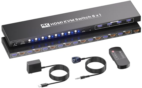 HDMI KVM-switch 8 PC 1 bildskärmar, USB 3.0 4K60 Hz 8-port KVM-switch, 8 datorer delar 1 uppsättning tangentbordsmusskärm och 4 USB 3.0-portar för kringutrustning