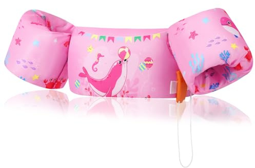 MoKo Kinder Schwimmflügel, Cartoon Schwimmende Badeanzug Schwimmtraining Jacke Schwimmflügel mit Sicherheitsschnalle für Jungen Mädchen, 20 bis 50 lbs, Rosa Siegel