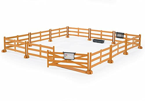 bruder 62604 - Clôture de pâturage avec râtelier à foin et mangeoire | 11 éléments de clôture et plaque nominative, accessoires pour paddock, centre équestre, ferme, agriculture, échelle 1:16