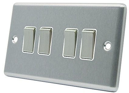 AET CSC4GSWIWS 10 A 4-Gang 2-Way Satin Finish Chrome Classical White Insert Metal Rocker Light Switch