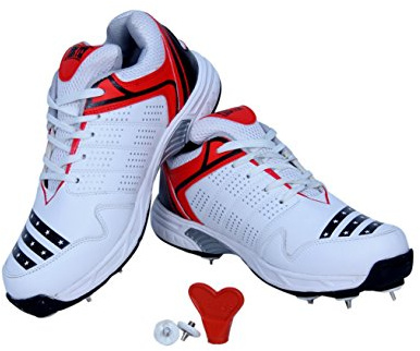 FIRE FLY HOWZATT Cricket Spike Shoes for Men in PU with Extra Set Metal Nails & Key (11) White Red