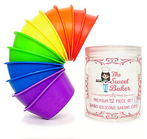 The Sweet Baker | Professional Jumbo Silicone Baking Cups | Premium 12 Piece Set | Reusable Cupcake Muffin Pans | BPA Free