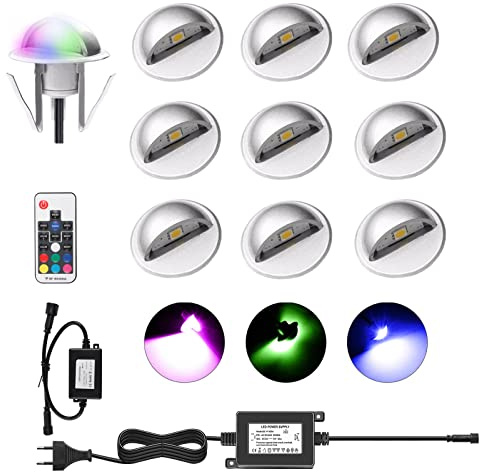 YZGWZLD RGB Terrassen Einbaustrahler Terrassenbeleuchtung 10er Set LED Bodeneinbaustrahler IP65 wasserdicht für außen innen Garten Holzbrücke Pool Holzdeck inkl. 12V Netzteil mini Einbauspots