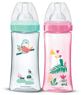 DODIE Anti-Kolik-Flaschen, rund, 330 ml + 6 Monate, 3 Geschwindigkeitsstufen, 3 Geschwindigkeiten, Rosa und Grün, 2 Stück