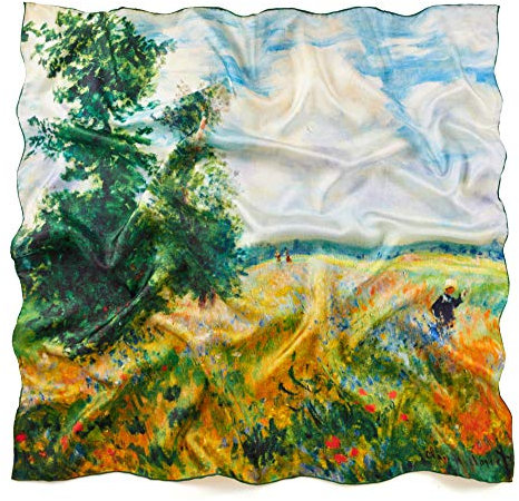 Prettystern 90cm carré étole chale foulard en epaisse crêpe satin soie Femme Multicolore impression d'art Champs de pavot Moent P632