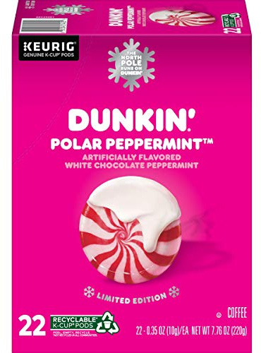 Dunkin Donuts Limited Edition Holiday Coffee K Cups - Polar Peppermint -1 Box of 22 Seasonal Kcup Pods For Keurig Coffee Makers