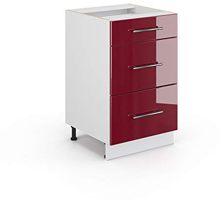 Vicco Küchenunterschrank Fame-Line, Bordeaux Hochglanz, 50 cm | MDF-Front · Ohne Arbeitsplatte · Höhenverstellbare Füße · Metallgriffe · Metall-Vollauszüge