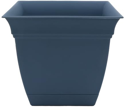 The HC Companies 8 Inch Eclipse Square Planter with Saucer - Indoor Outdoor Plant Pot for Flowers, Vegetables, and Herbs, Slate Blue