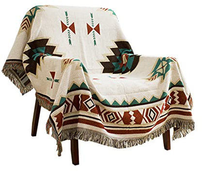 Koomuao Boho-Decke mit Fransen Doppelseitig Gewebte Tagesdecke Geometrische Strickdecke Quasten Jacquard Sofadecke Wendedecke für Fernsehen oder Nap auf dem Stuhl, Einzelbett (90 * 150cm)