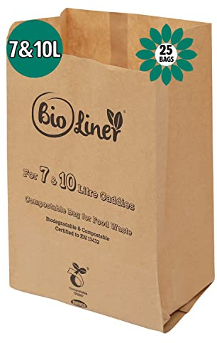 7L & 10L - 25 x Paper - Compostable Brown Caddy Food Waste Bin Liners/Bin Bags