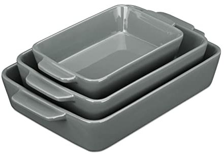 Relaxdays Juego de 3 Fuentes Horno, 3 Tamaños, Rectangulares, Cerámica, Aptas Lavavajillas, Recipientes Lasaña, Gris, 6 x 33 x 20 cm