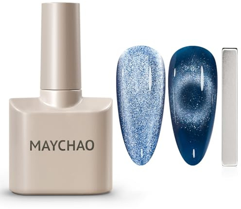 MAYCHAO 15ML Cat Eye Gel Nail Polish 1Pc Blue Magnetic Nail Polish with Magnet Soak off Holographic Cat Eye Gel Polish for Nail Art Manicure Salon DIY at Home