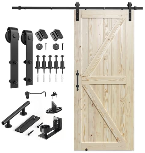 SMARTSTANDARD 36in x 84in Sliding Barn Door with 6.6ft Barn Door Hardware Kit Included, Unfinished Solid Spruce Wood Door, Assembly Required, DIY, Stainable, Natural